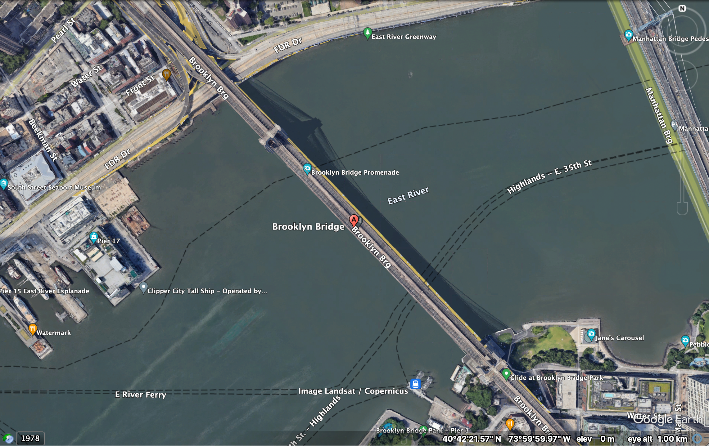 Map view of Brooklyn Bridge, New York City in Google Earth Pro
