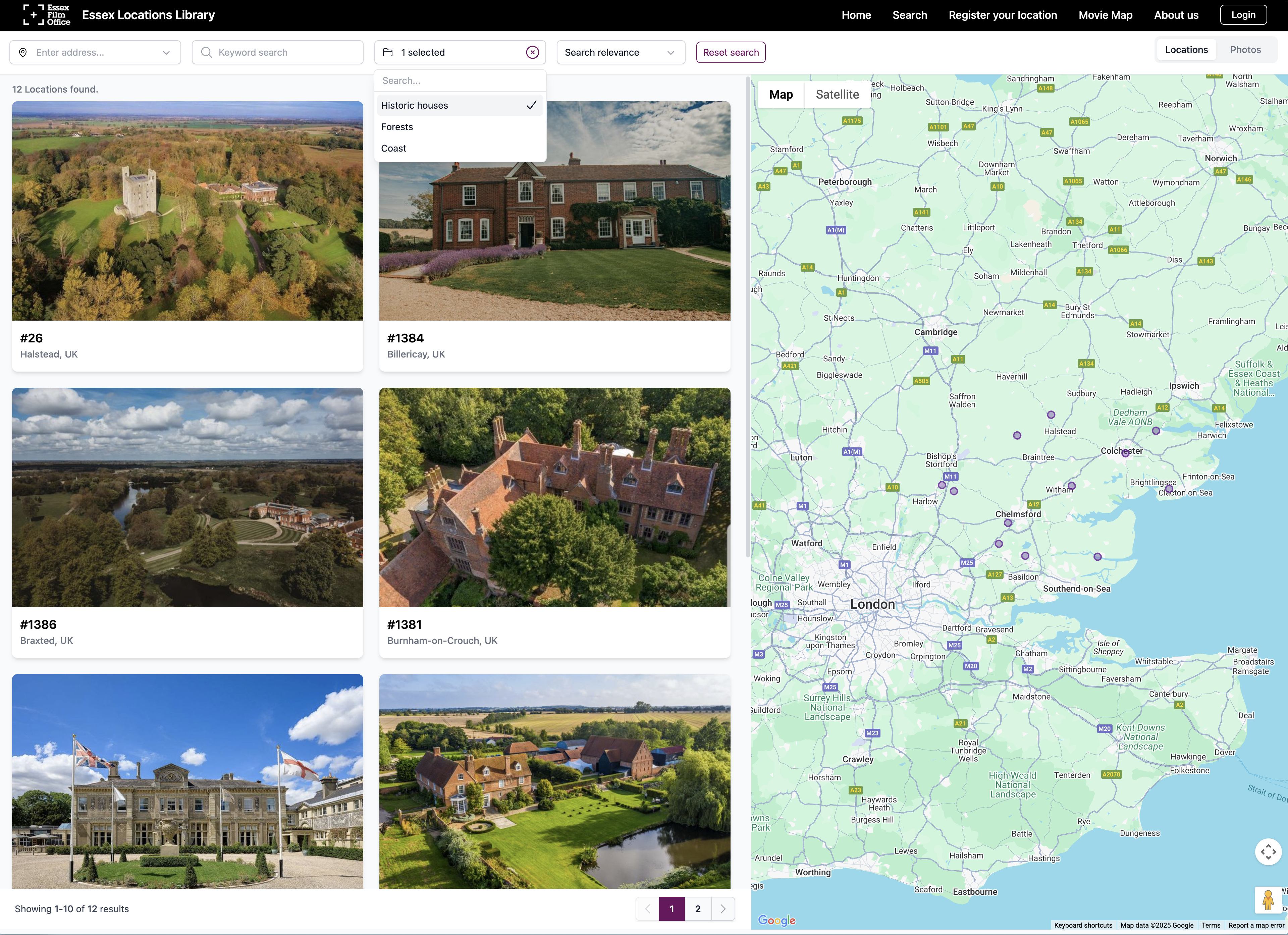 Essex Film Office public locations library search page filtered to historic houses with results list and map view