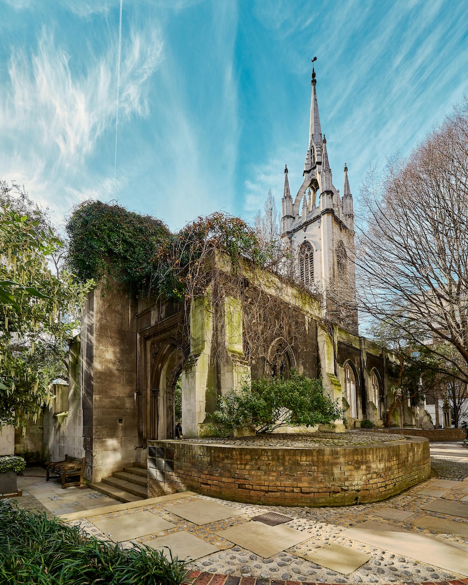 exterior of ruined church at St Dunstan-in-the-East